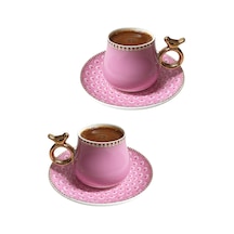 6 Kişilik Pembe Kuş Detaylı Lüks Türk Kahvesi Fincanı - 90 Ml Diğer