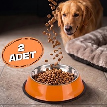 2 Adet Paslanmaz Çelik Kaymaz Taban Turuncu Kedi Ve Köpek Mama Kabı - Küçük Boy 13 Cm - 300 Ml