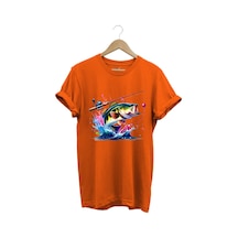 Fishing Balıkçılık Renkli Levrek Balığı Baskılı Avcılık %100 Pamuk Regular Fit Unisex T-shirt Turuncu