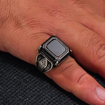 925 Ayar Kare Siyah Oniks Taşlı Tarz Gümüş Erkek Yüzük Gümüş