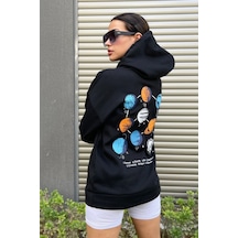 Modagen Kadın Oversize Siyah Sweatshirt Galaksi Baskılı Siyah