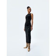 Koton Slim Fit Drape Detaylı Kolsuz Uzun Kadife Elbise Siyah 5wak80384ek Siyah