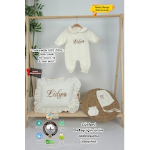 Gros Shop Müslin Yeni Doğan 4katlı Organik %100pamuk Kişiye Özgü Nakışlı Hastane Çıkış Seti Papatya Model-9 Ekru-1