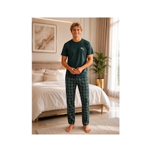 Pijamask Erkek Pamuklu Kısa Kollu Pijama Takımı Ekose Alt Rahat Kalıp Yazlık Ev Giyim Yeşil