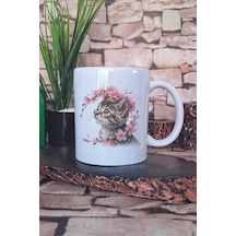 Sevimli Kedi Ve Çiçek Temalı No: 5 Hediyelik Baskılı Çay Kahve Sunum Kupa Bardak Beyaz