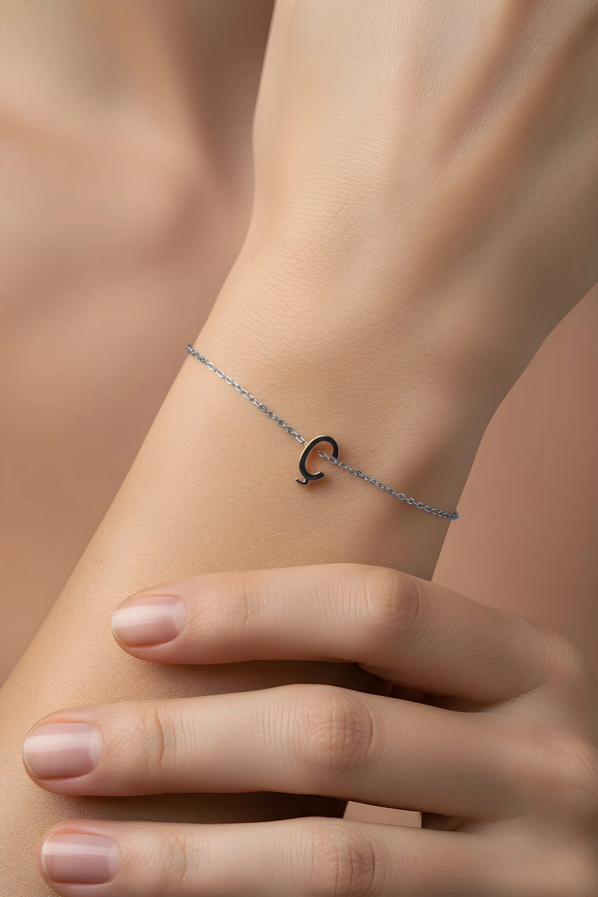Ç Harfi 18 Ayar Beyaz Altın Kaplama 18 Cm Gümüş Bileklik Gümüş