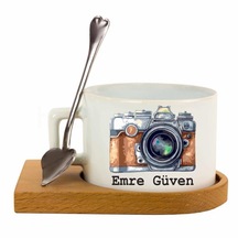 İsmeÖzel Fotoğraf Makinesi Temalı Ahşap Tepsili Çay Fincanı