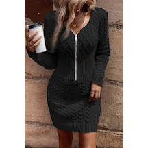 Merry See Uzun Kollu Fermuarlı Triko Örme Mini Elbise Siyah