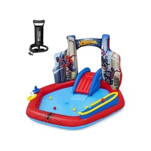 62002 Pompalı-bestway 98793 Spiderman Temalı Kaydıraklı Fıskiyeli Aquapark Şişme Eğlence Havuzu, 211x206x127cm Mavi