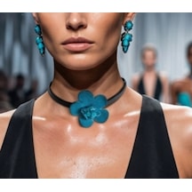 Turkuaz Siyah Hakiki Deri Choker El Yapımı Kolye