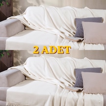 170 210 Cm Pamuklu Önden Saçaklı 170x210 Koltuk Örtüsü 2'li Paket Ekru