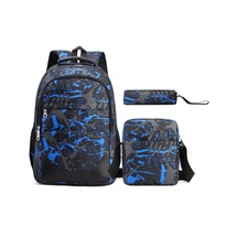 Three-piece Student Backpack Set Casual Large Capacity Outdoor Travel Backpack Blue Camouflage Mavi