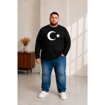 Sngl Tekstil Erkek Büyük Beden Uzun Kollu Ay Yıldız Baskılı Tişört 3xl 4xl 5xl 6xl 7xl 8xl 9xl Siyah