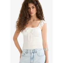 Defacto Fitted V Yaka Crop Dokulu Beyaz Askılı Bluz F6392ax25hswt32 Beyaz