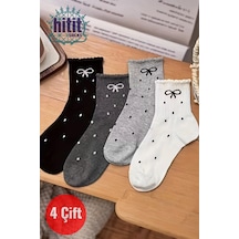 Hitit Socks Kadın 4 Çift Kurdale Ve Puantiye Desenli Günlük Kullanıma Uygun Japon Tarzı Kolej Çorap Çok Renkli