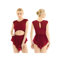 Şarap Kırmızısı Kadın Lirik Modern Bale Dans Elbise Asimetrik Şeffaf Örgü Tutu Etekli Leotard Şarap Kırmızısı