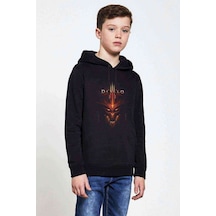 Tshirthane Diablo Baskılı Unisex Çocuk Kapüşonlu Siyah Sweatshirt (528843390) Siyah