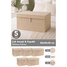 5'li Set Maxi Boy Hurç - Çok Amaçlı Organizer Kapaklı Saklama Kutusu 50x40x30cm Bej