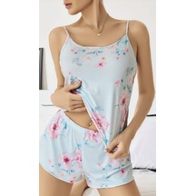 Kadın Bebek Mavisi Çiçek Desenli Askılı Şortlu Pijama Takım 5011 Beyaz