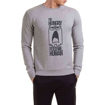 I Am Hungry Baskılı Gri Erkek Örme Sweatshirt