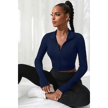 Angbutik Kadın Lacivert Uzun Kol Fermuarlı Parmak Geçme Detaylı Dik Yaka Crop Top Bluz