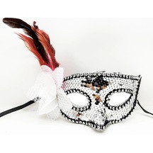 Gümüş Renk Yandan Tüylü Güllü Gümüş Taşlı Pullu Maske 20x22 Cm 2 Yaş Mavi