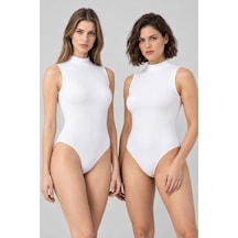 Loule Kadın 2'li %95 Pamuklu Dik Yaka Kolsuz Alttan Kancalı Body Beyaz