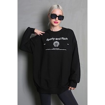 Siyah Bisiklet Yaka Baskılı Oversize Kadın Sweatshirt Mg1577