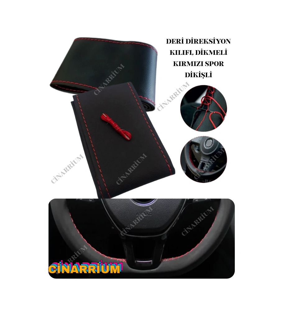 Hyundai Coupe Yerli Üretim Suni Deri Direksiyon Kılıfı, Dikmeli Kırmızı Spor Dikişli Çok Renkli