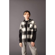 DeFacto Erkek Çocuk Oversize Geniş Kalıp Kapüşonlu Flanel Uzun Kollu Gömlek C7510A824WNAR213