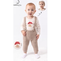 Bebicix Mantar Nakışlı Salopet Bereli Alttan Çıtçıtlı Badi 3lü Unisex Bebek Takım Sütlü Kahve