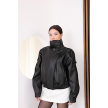 Famoda Premium Seri Dik Yaka Kruvaze Oversize Bomber Deri Ceket Siyah