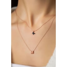 Papatya Silver 925 Ayar Gümüş Rose Kaplama Kadın Asansörlü Siyah Kelebek ve Harf Model Kolye