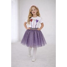 Dıgıl Kids Kız Çocuk Kalp Desenli T-shirt Etek Takım Mor - Beyaz