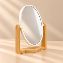Tr Ahşap Ayaklı Oval Masa Aynası, 19,5 X 16,5 Cm Orta Boy, Ayarlanabilir Açılı Beyaz Çerçeveli Makyaj Ve Kişise Genel