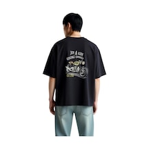 Paybuy Erkek Oversize Tişört %100 Pamuk Vintage Motosiklet Baskılı Retro Siyah