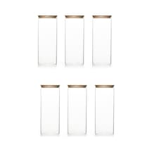 4-3 Bambu Vakumlu Kapaklı Yuvarlak Borosilikat Cam 6lı Kavanoz Seti Saklama Kabı 2100ml 10x30cm Diğer