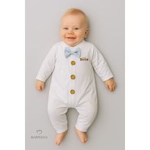 Babyden's Mini Boss Papyonlu Erkek Bebek Tulum Düğmeli Tasarım, Uzun Kollu Yenidoğan Tulumu Açık Mavi