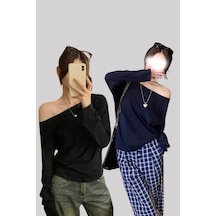 Siyah Lacivert 2 Li Paket Kadın Düşük Omuz Kayık Yaka Oversize Uzun Kollu T-shirt Siyah - Lacivert