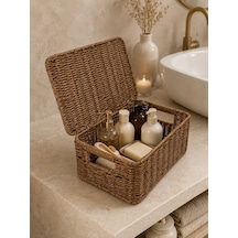 Morponi Rattan Kapaklı Düzenleyici Sepet Çok Amaçlı Banyo Ve Mutfak Organizeri 30x20x12 Cm Tk Sarı