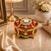 Kristal Taşlı Oval Mücevher Kutusu Kadife İç Kaplamalı Gold İşlemeli Takı Kutusu Dekoratif Saklama Kutusu Kırmızı