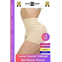 Carlburn Korse Vücut Toparlayıcı Şekillendirici Kaymaz Doku Lazer Kesim Yüksek Bel Boxer Korse - 3 Adet Ten