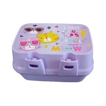 Kedi Desenli Mor Lunchbox Beslenme Kutusu I Have Cat Power Meow Yazılı Çocuk Yemek Saklama Kabı Açık Ahşap