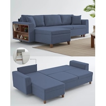 Rengar Köşe Takımı & Yataklı Bazalı Keten Kumaş Sol Köşe Koltuk Takımı - Mavi V119 Mavi