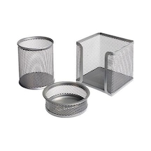 Ofis Masa Set Kalemlik + Küp Blok + Ataçlık 3 Lü Metal File Gümüş