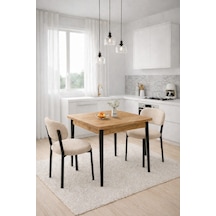 Renlife Ahşap Mutfak Masası Takımı Metal Ayaklı 2 Adet Antrasit Sandalye 70x70 Masa 2krem Çam Çam -2krem Vivo