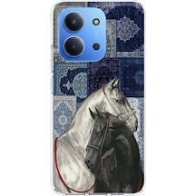 Redmi 15c Uyumlu Mavi Kilim Desenli Siyah Ve Beyaz At Baskılı Silikon Kılıf Renkli