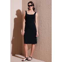 Lela Streç Slim Fit Kare Yaka Kalın Askılı Midi Boy Bayan Elbise 5866102 Siyah