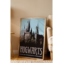 Hogwarts Okulu Minimalist Çerçeveli Tablo - Lüks Harry Potter İllüstrasyon Modern Duvar Dekoru Kayın