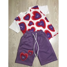 Aysbebe Kalp Desenli Kız Çocuk Yazlık Takım Mor - Beyaz 402131